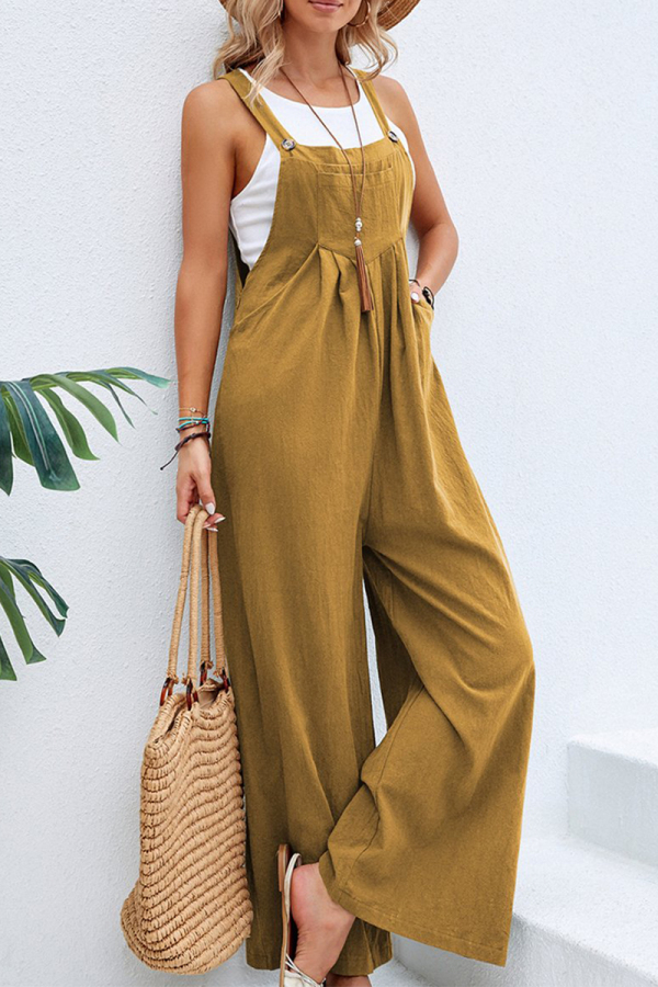 Earth Yellow Casual Vacation Solid Buttons Square Collar Loose Jumpsuits