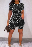 Black Casual Print Slit O Neck Short Sleeve Two Pieces