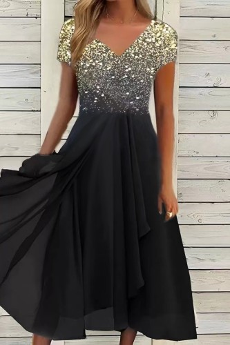 Black Gold Casual Print Patchwork O Neck Short Sleeve Dress Dresses