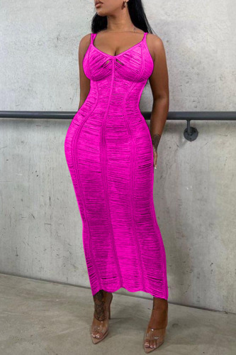Rose Red Sexy Solid Backless Spaghetti Strap Long Dress Dresses