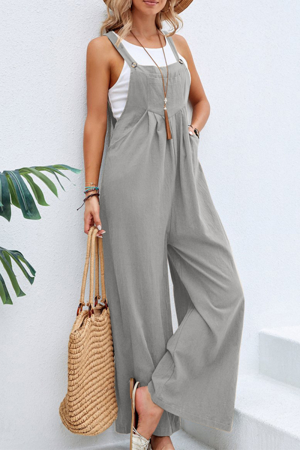 Light Gray Casual Vacation Solid Buttons Square Collar Loose Jumpsuits