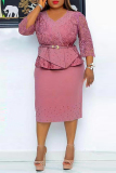 Pink Casual Solid Patchwork With Belt V Neck Pencil Skirt Plus Size Dresses