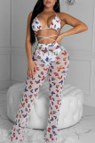 Tangerine Red Sexy Print Patchwork Flounce Halter Sleeveless Two Pieces