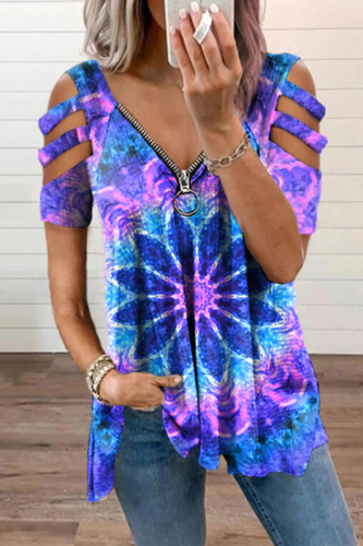 Blue Casual Print Hollowed Out Zipper V Neck T-Shirts