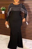 Black Casual Patchwork Hot Drilling Tassel Slit O Neck Long Dress Plus Size Dresses