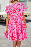 Rose Red Casual Leopard Patchwork O Neck Short Sleeve Dress