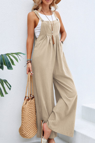 Khaki Casual Vacation Solid Buttons Square Collar Loose Jumpsuits