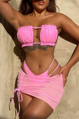 Pink Sexy Solid Bandage Hollowed Out Backless Swimsuit Three Piece Set (With Paddings)