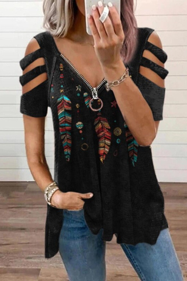 Black Casual Print Hollowed Out Zipper V Neck T-Shirts
