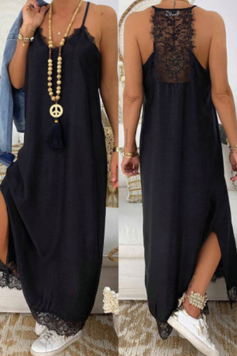 Black Casual Solid Patchwork Slit Spaghetti Strap Long Dress Dresses
