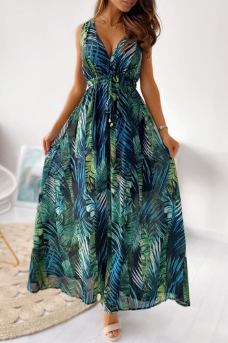 Green Casual Print Frenulum Backless V Neck Long Dress Dresses
