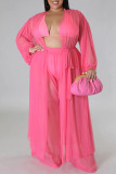 Pink Sweet Solid See-through Mesh Cardigan Collar Plus Size Two Pieces(Without Bikinis )