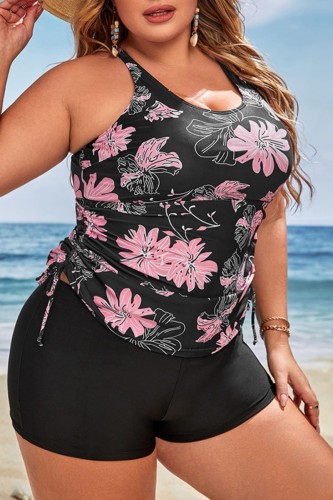 Pink Sexy Print Backless U Neck Plus Size Swimwear (With Paddings)