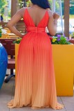 Orange Gradient Print Sleeveless Deep V Neck Slim Fit Daily Vacation Pleated Cami Maxi Dress