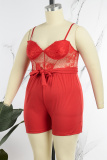 Red Sexy Casual Daily Solid Lace Patchwork See-through With Belt V Neck Regular Rompers