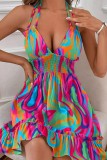 Colour Sexy Print Bandage Backless Halter Sling Dress Dresses