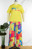 Orange Casual Basis Print Ripped Basic Printing Contrast O Neck Short Sleeve Two Pieces