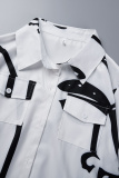 White Elegant Print Pocket Buttons Slit Turndown Collar Shirt Dress Dresses