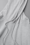 Grey Casual Simplicity Solid Draw String Slit Hooded Collar Tops
