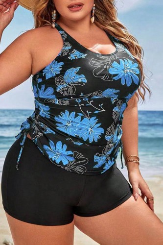 Blue Sexy Print Backless U Neck Plus Size Swimwear (With Paddings)