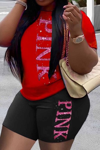 Red Black Casual Print Letter O Neck Short Sleeve Two Pieces
