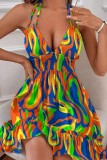 Colour Sexy Print Bandage Backless Halter Sling Dress Dresses