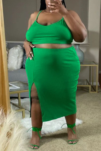 Green Casual Solid Patchwork Slit Spaghetti Strap One Step Skirt Plus Size Two Pieces