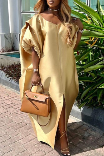 Earth Yellow Casual Solid Patchwork O Neck Long Dress Dresses