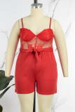 Red Sexy Casual Daily Solid Lace Patchwork See-through With Belt V Neck Regular Rompers