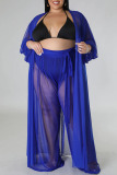 Blue Sweet Solid See-through Mesh Cardigan Collar Plus Size Two Pieces(Without Bikinis )
