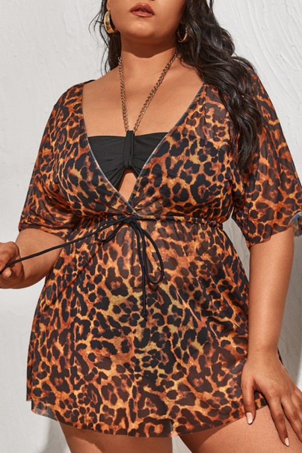 Brown Sexy Print Leopard Basic V Neck Plus Size Swimsuit Blouse