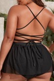 Black Sexy Solid Patchwork Backless Spaghetti Strap Plus Size Swimwear (With Paddings)