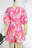Pink Casual Cute Vacation Floral Printing V Neck Straight Jumpsuits