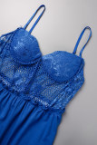 Blue Sexy Casual Daily Solid Lace Patchwork See-through With Belt V Neck Regular Rompers
