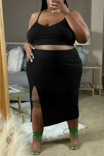 Black Casual Solid Patchwork Slit Spaghetti Strap One Step Skirt Plus Size Two Pieces