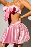 Pink Sexy Living Solid Hollowed Out Patchwork Backless With Bow Lingerie