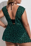 Green Sexy Print Leopard Patchwork Backless V Neck Plus Size Swimwear