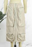 Khaki Casual Street Daily Solid Pocket Solid Color Zipper Regular Mid Waist Type H Solid Color Bottoms