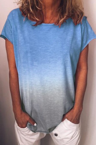 Blue Casual Gradual Change Print Basic O Neck T-Shirts