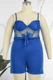 Blue Sexy Casual Daily Solid Lace Patchwork See-through With Belt V Neck Regular Rompers
