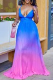 Blue Gradient Print Sleeveless Deep V Neck Slim Fit Daily Vacation Pleated Cami Maxi Dress