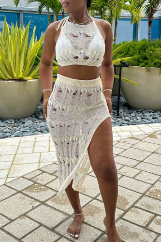 Cream White Sexy Solid Hollowed Out Patchwork Backless Slit Halter Sleeveless Two Pieces