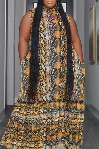 Yellow Casual Print Basic Half A Turtleneck Long Dress Plus Size Dresses