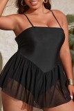 Black Sexy Solid Patchwork Backless Spaghetti Strap Plus Size Swimwear (With Paddings)