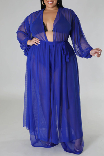 Blue Sweet Solid See-through Mesh Cardigan Collar Plus Size Two Pieces(Without Bikinis )