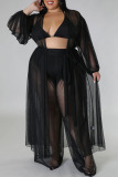 Black Sweet Solid See-through Mesh Cardigan Collar Plus Size Two Pieces(Without Bikinis )