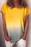 Yellow Casual Gradual Change Print Basic O Neck T-Shirts