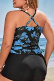 Blue Sexy Print Backless U Neck Plus Size Swimwear (With Paddings)