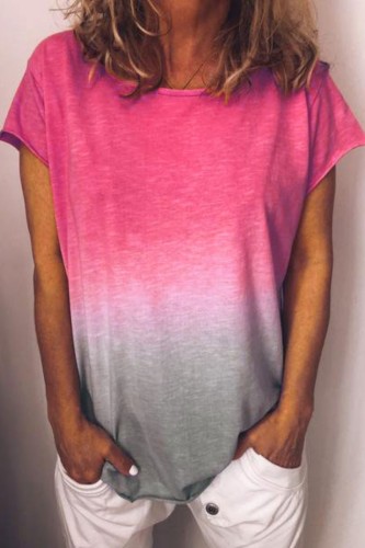 Rose Red Casual Gradual Change Print Basic O Neck T-Shirts
