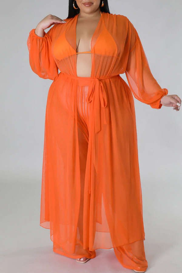 Tangerine Red Sweet Solid See-through Mesh Cardigan Collar Plus Size Two Pieces(Without Bikinis )